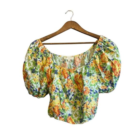 Cynthia Rowley Floral Print Top Blouse Linen Rayon Multicolor Puff Sleeve - Picture 1 of 6